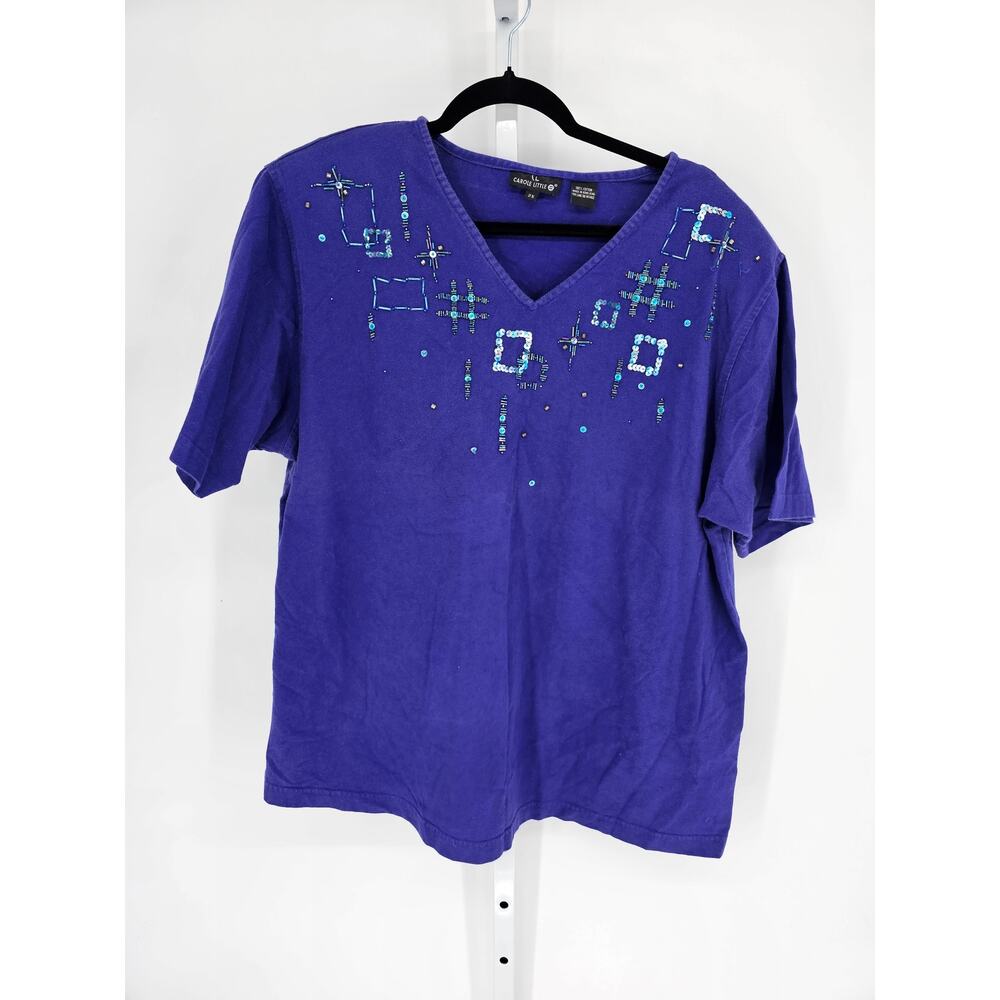 Carole Little II Women's Purple Cotton Short Sleeve Sequins Beaded Top Size 2X